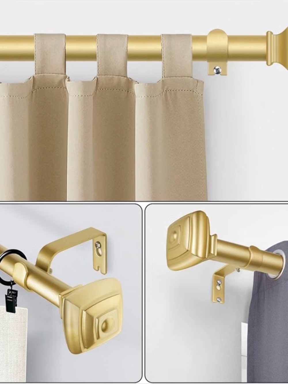 Gold Curtain Rod Set with Tan Tab-Top Panel